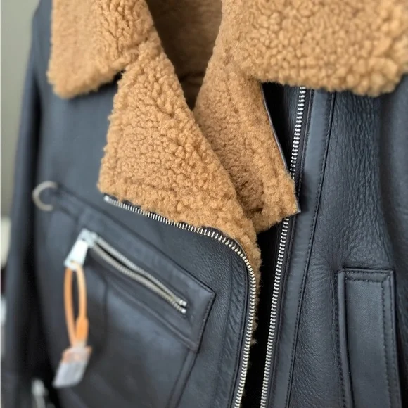 Women's Black Leather Jacket with Tan Shearling Collar - Picture 1 of 7